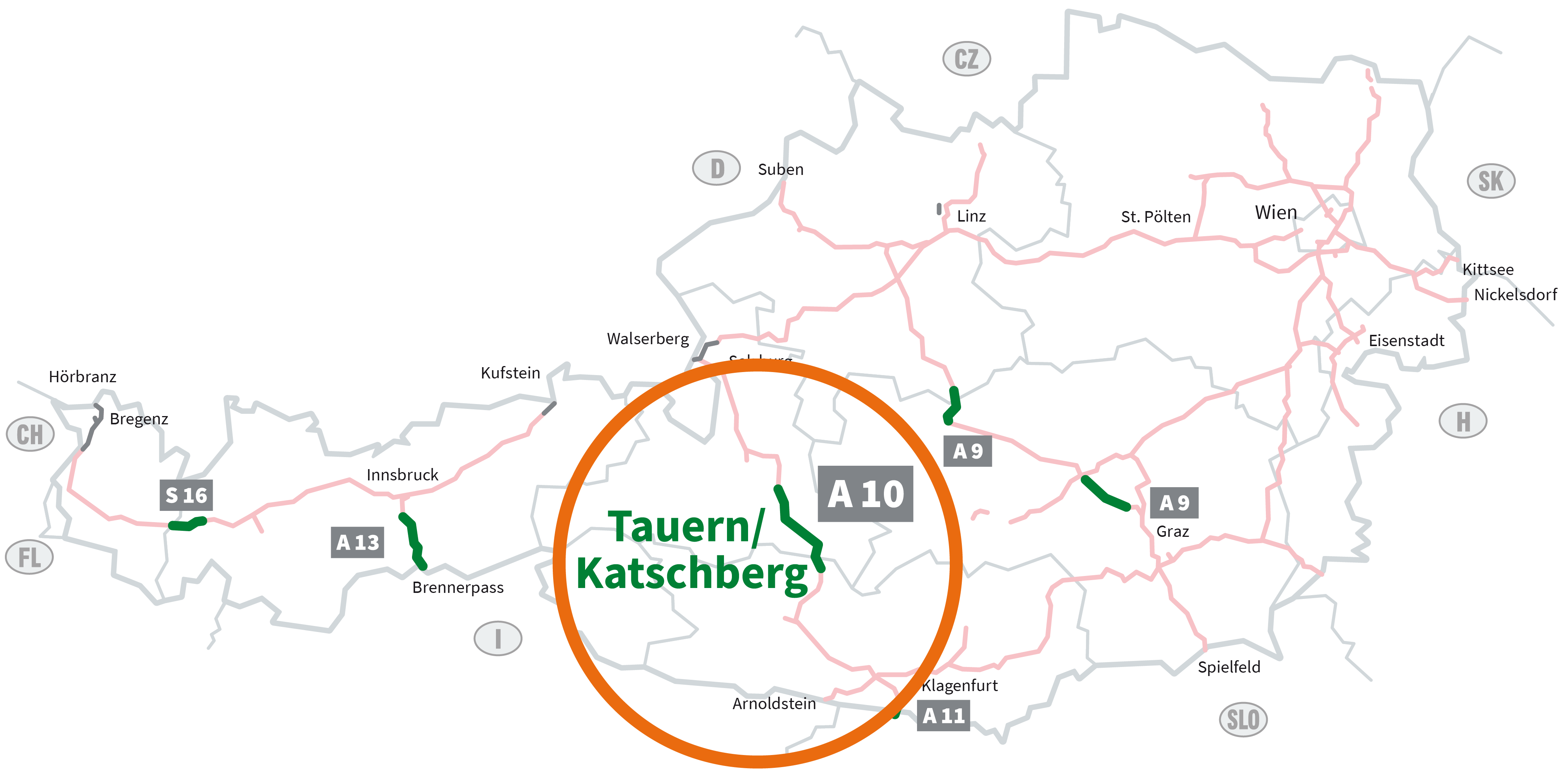 Grafik der mautpflichtigen Autobahnen und Schnellstraen in ?-sterreich. Vignettenpflichtige Strecken sind blassrot markiert. Grn hervorgehoben sind die sechs Streckenmaut-Abschnitte: S 16 Arlberg, A 13 Brenner, A 10 Tauern, A 11 Karawanken,  A 9 Bosruck und Gleinalm. Hier benötigen Sie ein Streckenmaut-Ticket. Der Bereich um den streckenmautpflichtigen Abschnitt auf der A 10 Tauern-Autobahn ist eingekreist. 