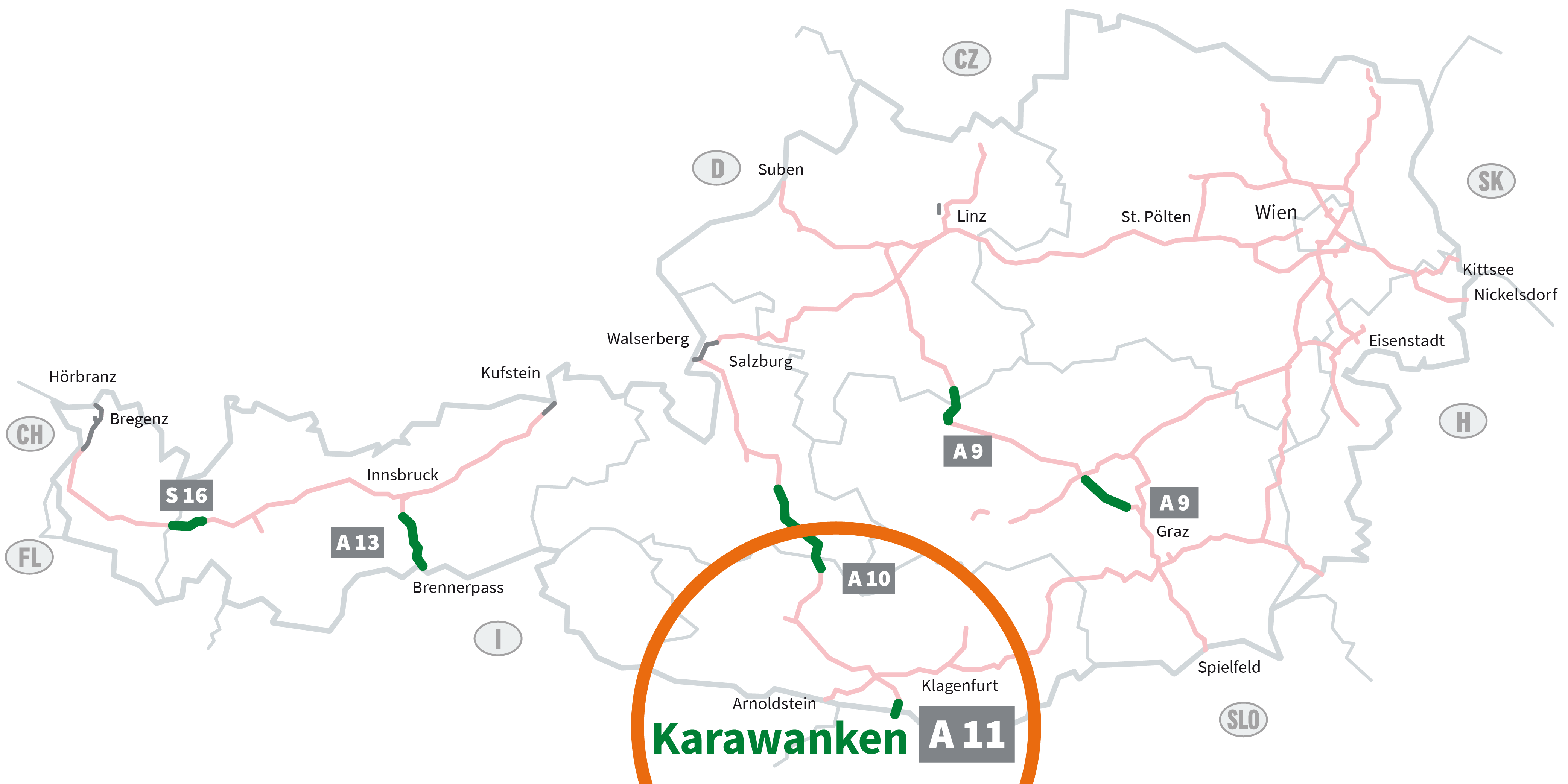 Grafik der mautpflichtigen Autobahnen und Schnellstraen in ?-sterreich. Vignettenpflichtige Strecken sind blassrot markiert. Grn hervorgehoben sind die sechs Streckenmaut-Abschnitte: S 16 Arlberg, A 13 Brenner, A 10 Tauern, A 11 Karawanken,  A 9 Bosruck und Gleinalm. Hier benötigen Sie ein Streckenmaut-Ticket. Der Bereich um den streckenmautpflichtigen Abschnitt auf der A 11 Karawanken Autobahn ist eingekreist. 