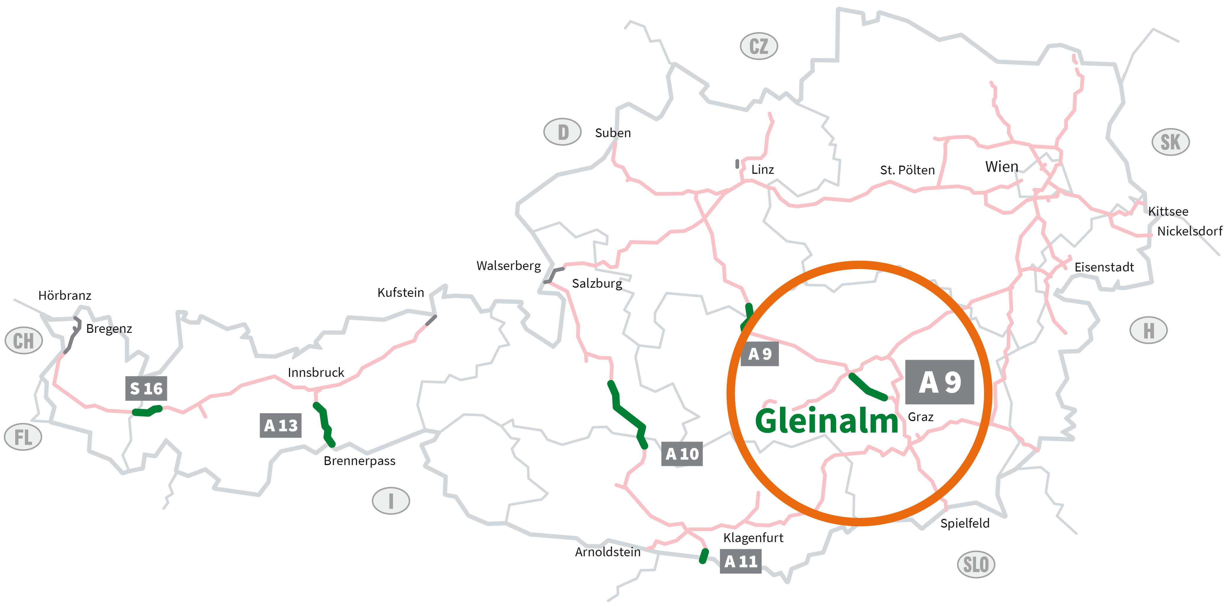 Grafik der mautpflichtigen Autobahnen und Schnellstraen in ?-sterreich. Vignettenpflichtige Strecken sind blassrot markiert. Grn hervorgehoben sind die sechs Streckenmaut-Abschnitte: S 16 Arlberg, A 13 Brenner, A 10 Tauern, A 11 Karawanken,  A 9 Bosruck und Gleinalm. Hier benötigen Sie ein Streckenmaut-Ticket. Der Bereich um den streckenmautpflichtigen Abschnitt Gleinalm auf der A 9 Phyrn-Autobahn ist eingekreist. 