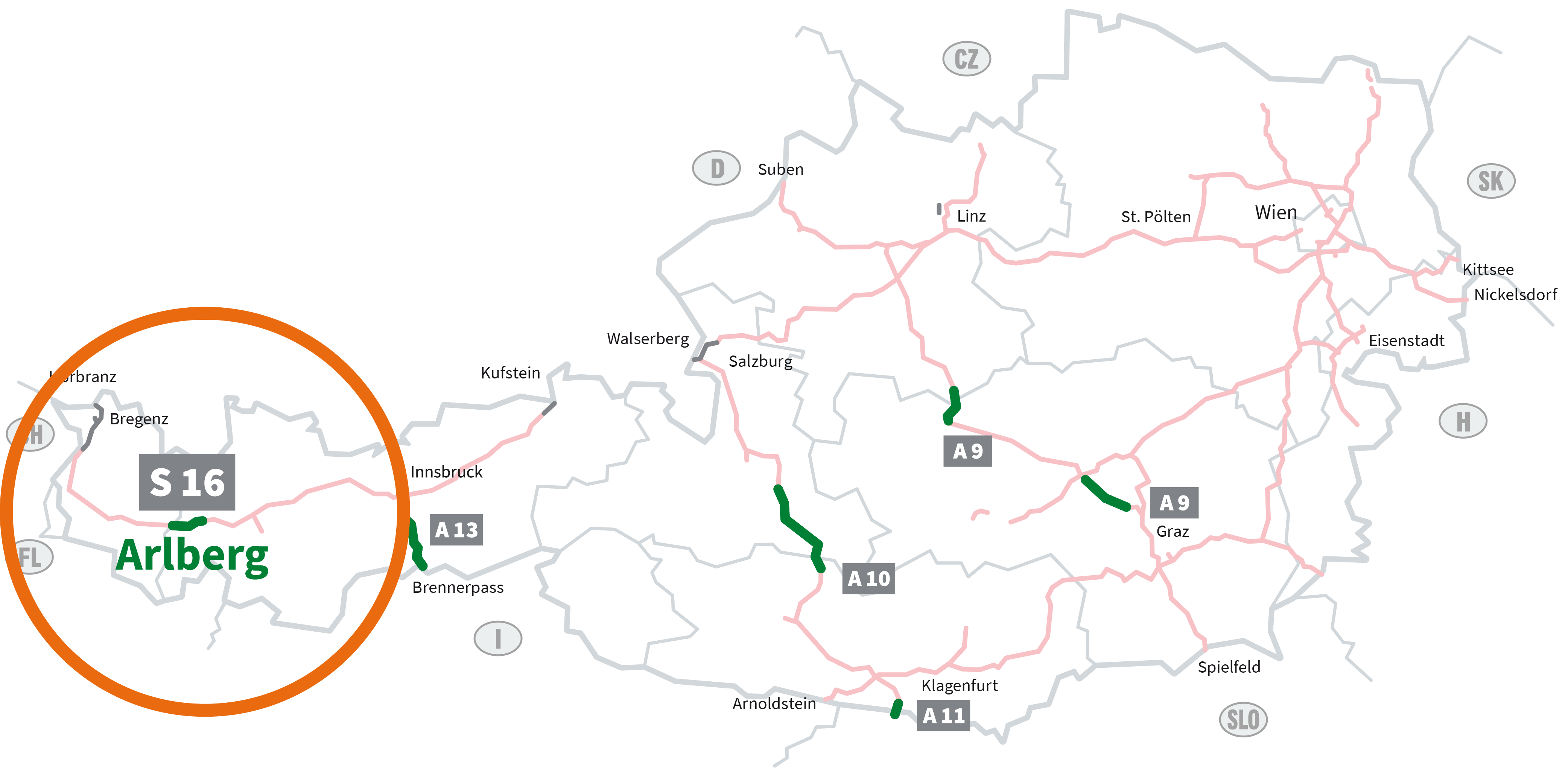 Grafik der mautpflichtigen Autobahnen und Schnellstraen in ?-sterreich. Vignettenpflichtige Strecken sind blassrot markiert. Grn hervorgehoben sind die sechs Streckenmaut-Abschnitte: S 16 Arlberg, A 13 Brenner, A 10 Tauern, A 11 Karawanken,  A 9 Bosruck und Gleinalm. Hier benötigen Sie ein Streckenmaut-Ticket. Der Bereich um den streckenmautpflichtigen Abschnitt auf der S 16 Arlberg Schnellstrae ist eingekreist. 